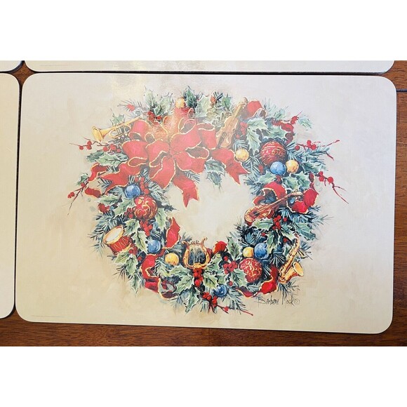 Christmas Wreath by Barbara Mock Placemats Cork Bottom  17"X11.5" Vintage - Picture 4 of 10